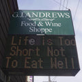 Storefront of GJ Andrews specialty food and wine store in Winnipeg