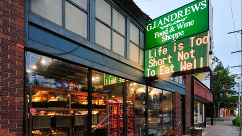 Storefront shot of G.J. Andrews Specialty Food and WIne Shoppe in Winnipeg, Manitoba